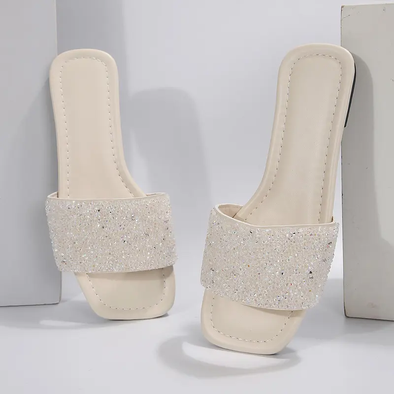Women's Sparkly One Strap Flat Sandals Rhinestone Beach Slides Indoor Outdoor Shoes