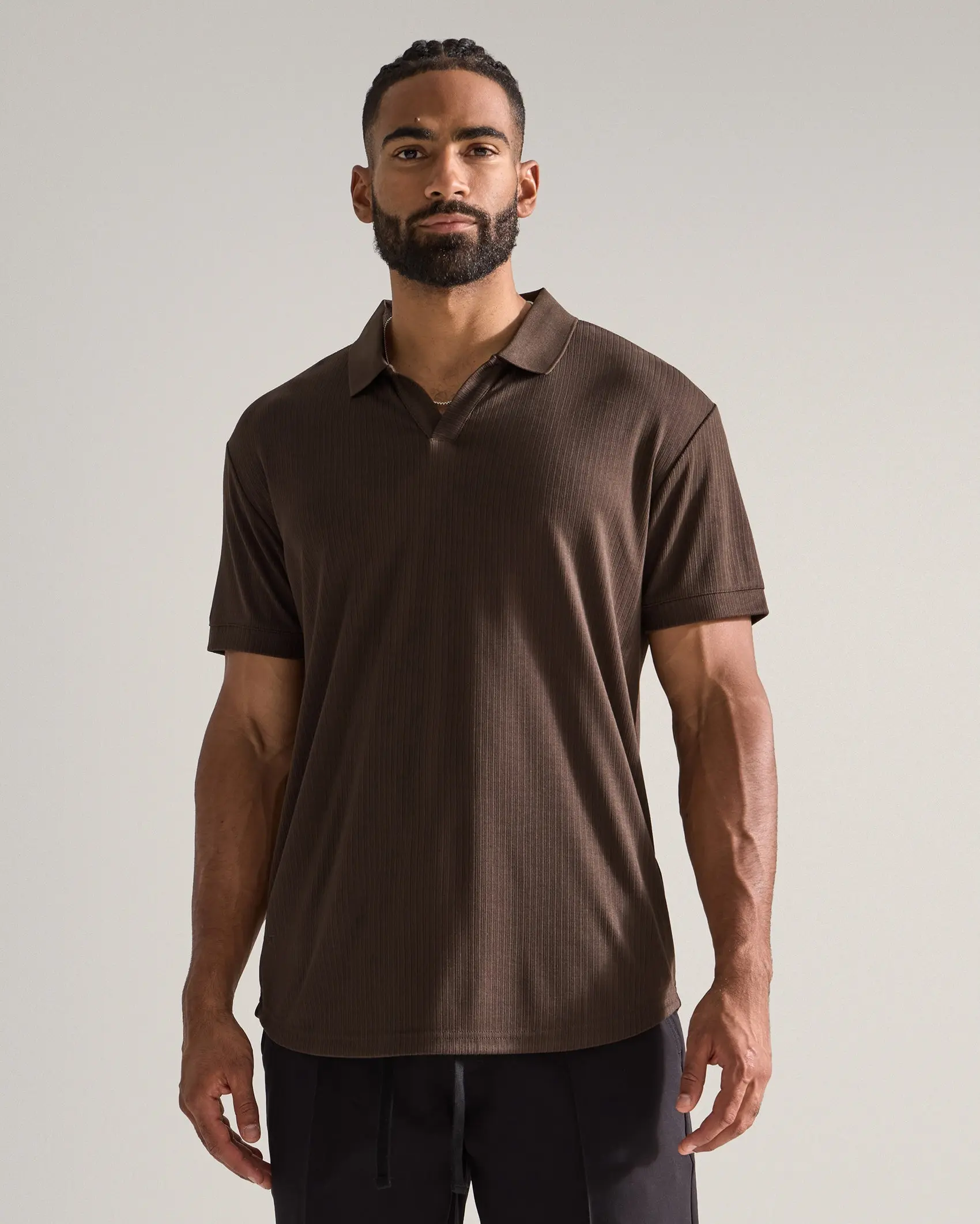 Ribbed Short Sleeve Open V Polo