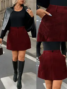 Plus Size Women's Corduroy A-Line Zipper Pocket Dress, Christmas Skirt, Ladies Wine Color Long Dress, Fashionable and Comfortable