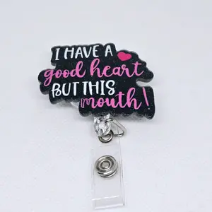 I Have a Good Heart But This Mouth Funny and Snarky Black Glitter Acrylic Retractable Badge ID Reel