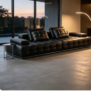 2 Seater Modular Grid Tufted Top Grain Leather Sofa, Modern Square Block Sectional Couch, Black Genuine Leather Low Profile Sofa for Living Room