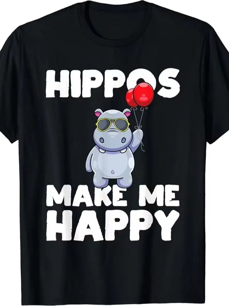 Hippos Make Me Happy Cool Hippo Animals Hippopotamus Lover T-Shirt Same style for men and women summer short-sleeved printed T-shirt pure