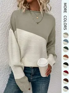 Women's Colorblock Drop Shoulder Sweater Casual Long Sleeve Round Neck Jumper Ladies' Knitwear for Everyday Wear Sweaters for Women Womenswear Knit Top