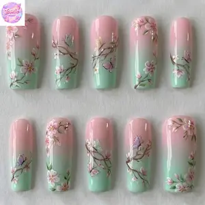 Cherry Blossom Butterfly Pastel Ombre Y2K Press On Nails, Pink Mint Spring Floral 3D Gel Handmade Reusable Nail Set, Cute Party Gift Idea