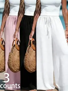 Women's 3-Pack Elastic Waist Wide Leg Lounge Pants, Soft High Waist Trousers for Comfortable Daily Wear