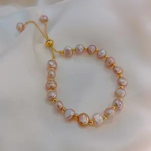 Vintage Women Adjustable Golden Beads Bracelet Exquisite Pink Baroque Irregular Pearls Bracelet Handmade Pink Pearl Fishtail Chain Bracelet Engagement Anniversary Jewelry