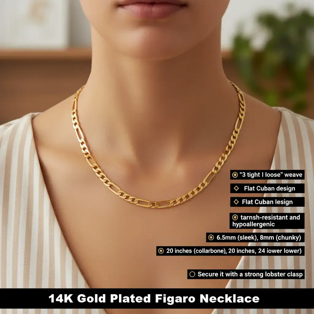 14K Gold Plated Figaro Necklace "3-Tight +1-Loose" Weave Cuban Link 6.5/8/10mm Widths 20/24" Lengths Casual Ethnic Fashion Jewelry Necklace for Men Women