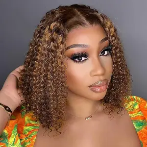 Curly BOB Wig Human Hair 180 Density 13x4 HD Lace Closure Deep Wave Wigs for Black Women Glueless Wear and Go Pre Plucked Deep Wave Wet and Wavy Glueless Wigs Human Hair Highlight 16 Inch