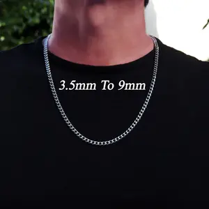 Miami Cuban Chain, Cuban Link Chain, Mens Chain Necklace, Waterproof Chain Necklace, Stainless Steel Silver Chain, 3.5mm,5mm, 7mm, 9mm Chain