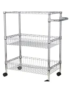 3 Tier Heavy Duty Rolling Cart, Rolling Carts With Wheels, Metal Kitchen Cart With Baskets Handles, Wire Shelving Rolling Snack Storage Cart Utility Trolley For Kitchen Bathroom Office