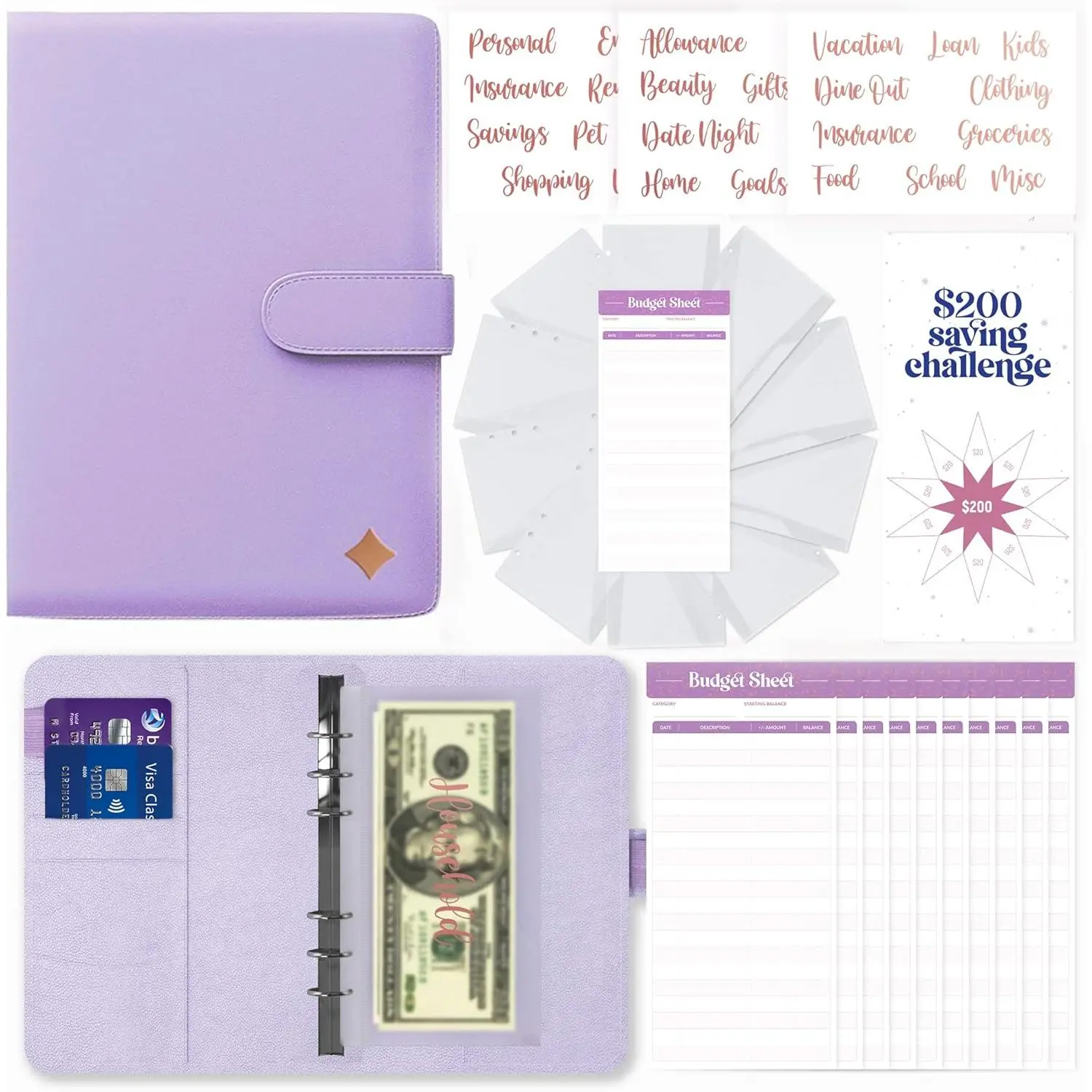 Purple A6 Budget Binder with Envelopes - Sturdy Office Organizer for Travel & Expense Tracking, Compact, Lightweight, Includes 30 Pre-Written Rose Pre-Stickered Stickers