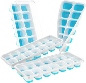 Ice Cube Tray with Lid, 4 Packs 56 Cubes Durable Stackable Ice Cube Trays for Freezer with Removable Lids, Easy-Release Plastic & Silicone Ice Tray for Cocktail, Coffee