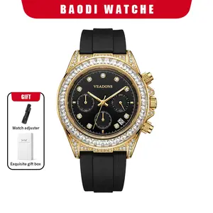 Men’s Luxury Fashion Iced Out Analog Quartz Chronograph Watch Cubic Zirconia Inlaid Bezel Black Dial with Luminous Hands & Calendar Soft Silicone Rubber Strap Wristwatch Gift For HimWedding Party Casual Daily Wear & Daily Accessory