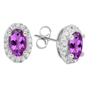 Dazzlingrock Collection 7X5 MM Each Oval Amethyst & Round White Diamond Women Halo Stud Earrings, 10K Solid White Gold