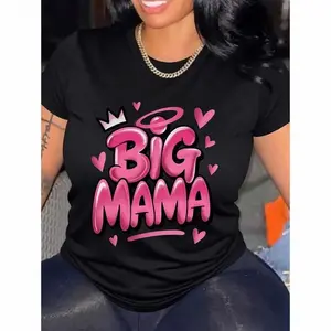 Graffiti Crown Women's Plus Size Casual Short Sleeve T-Shirt BIG MAMA Graphic With Crown & Hearts Geometric Print Breathable Round Neck Machine Washable All Season Comfort Fashionable Cotton Fabric Top Men Tee