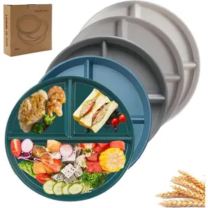 9" Unbreakable Divided Plates Set of 5, Wheat Straw Plate Reusable Dinnerware Portion Control Plate, Round Bariatric Plastic Plate for Kids Adults, BPA-free, Dishwasher Safe