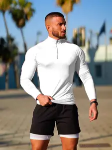 Men's Fashionable Fall, Half-Zip Stand Collar Slim Fit Long Sleeve Top, Quick-Dry Yoga Shirt, Outdoor Running Training Tee, Athletic Sports Clothing
