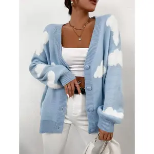 Drop Shoulder Cloud Pattern Cardigan,Long Sleeve Tops Fall Winter Cloth For Women Fabric Fit