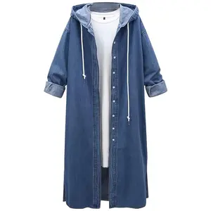 [Oversized Drawstring Denim Jacket] Women's Oversized Drawstring Hooded Long Denim Jacket, Casual Style, With Button Closure And Side Pockets