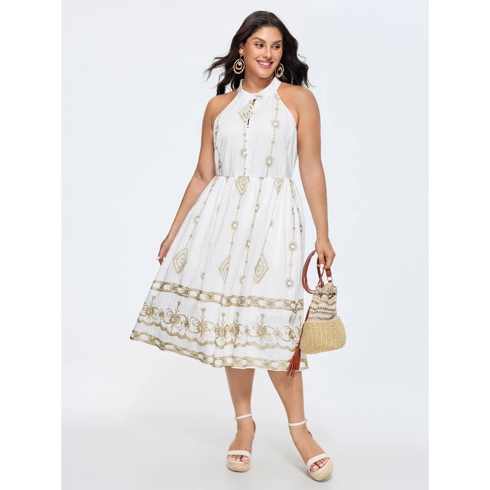 BLOOMCHIC Plus Size Geometric Embroidered Halter Neckline Midi Dress [M-6X]2026 Summeroutfits,Vacationoutfits,Summerfinds