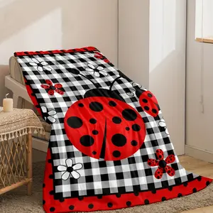 Soft & Warm Flannel Cozy Ladybug Print Throw Blanket - Versatile for Couch, Office Bed, Camping & Travel-280GSM