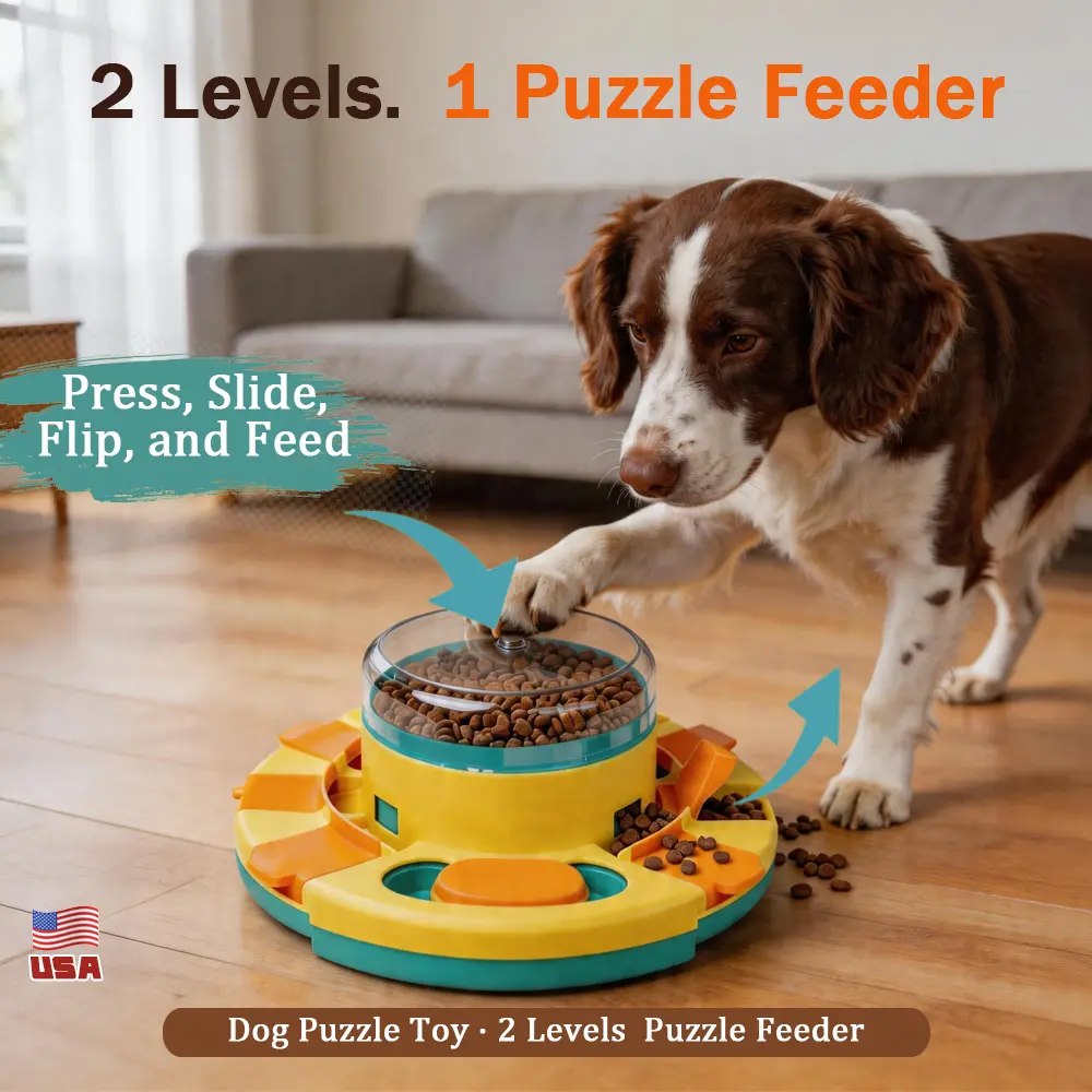Dog Puzzle Feeder Slow Feeder 2-in-1 Interactive Game for Dogs, 2 Levels of Puzzle Games with Flip and Slide Lids, Food-Grade PP BPA-Free, Large Capacity No Loose Parts, Brain Training for Puppy and Adult Dogs, Digestive Health Indoor Enrichment Toy