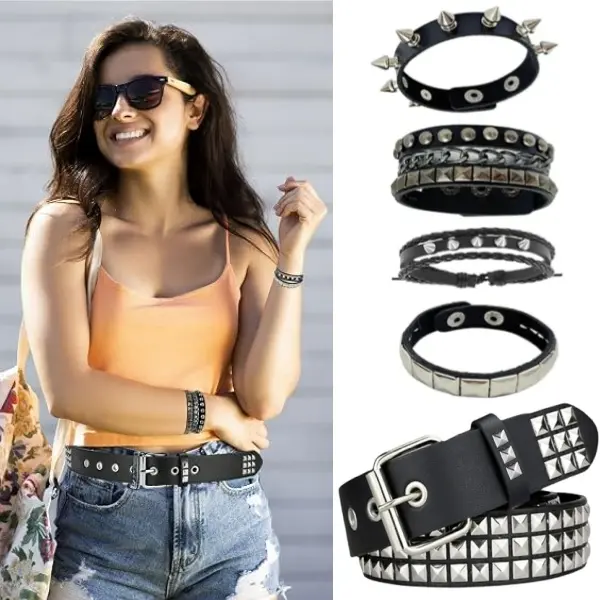 5 Pack Gothic Punk Studded Belt Bracelet Set, Black PU Waist Belt with Pyramid Rivets & Multi Style Spiked Beaded Bracelets, Retro Y2K Emo Heavy Metal Accessories for Halloween Costume Music Festival Party Daily Use