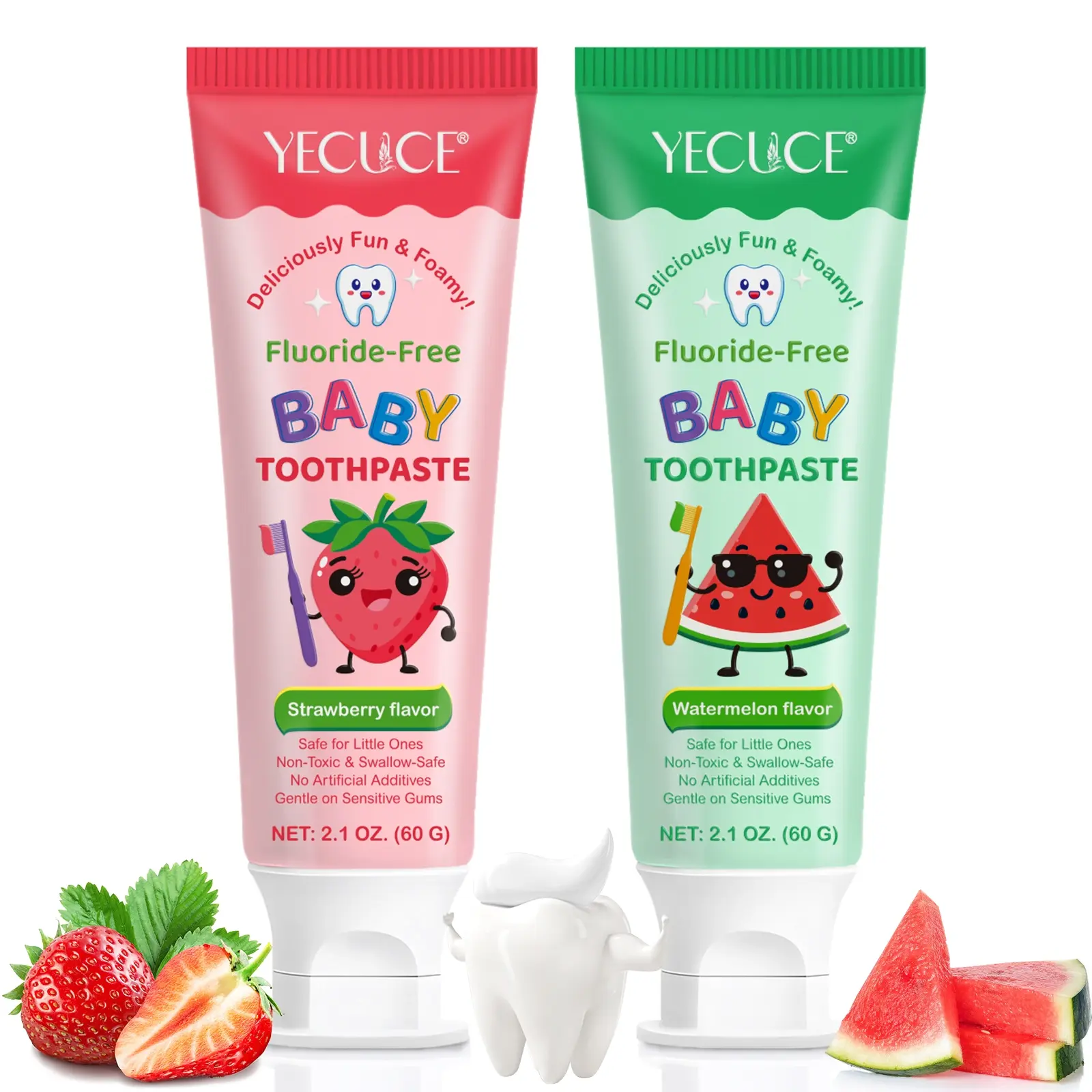 Yecuce Toothpaste 60g Strawberry/watermelon Flavor, Gentle Formula, Cares for Baby Teeth, Contains Fine Foam, Safe Plant Ingredients
