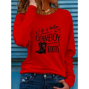 High-heeled boots pattern print casual round neck long sleeve