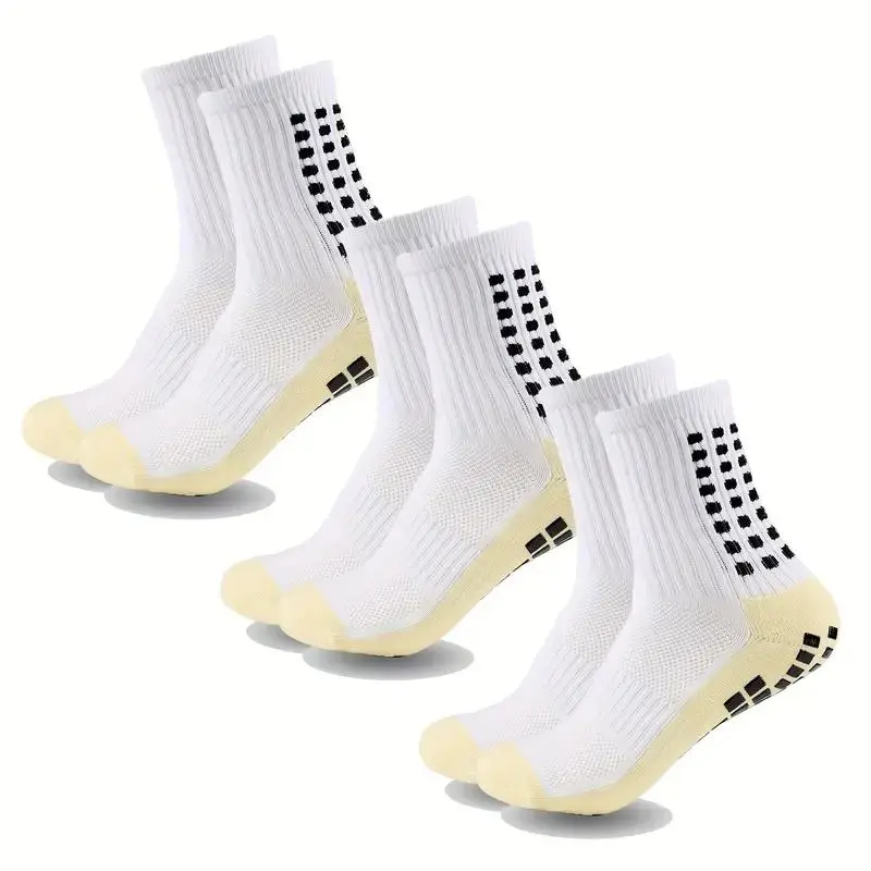 Diuhabo 3 Pairs Teenagers Soccer Socks, Thick Terry Bottom Mid-Calf Non-Slip Grip Socks, Cotton Padded Anti-Skid Sports Socks