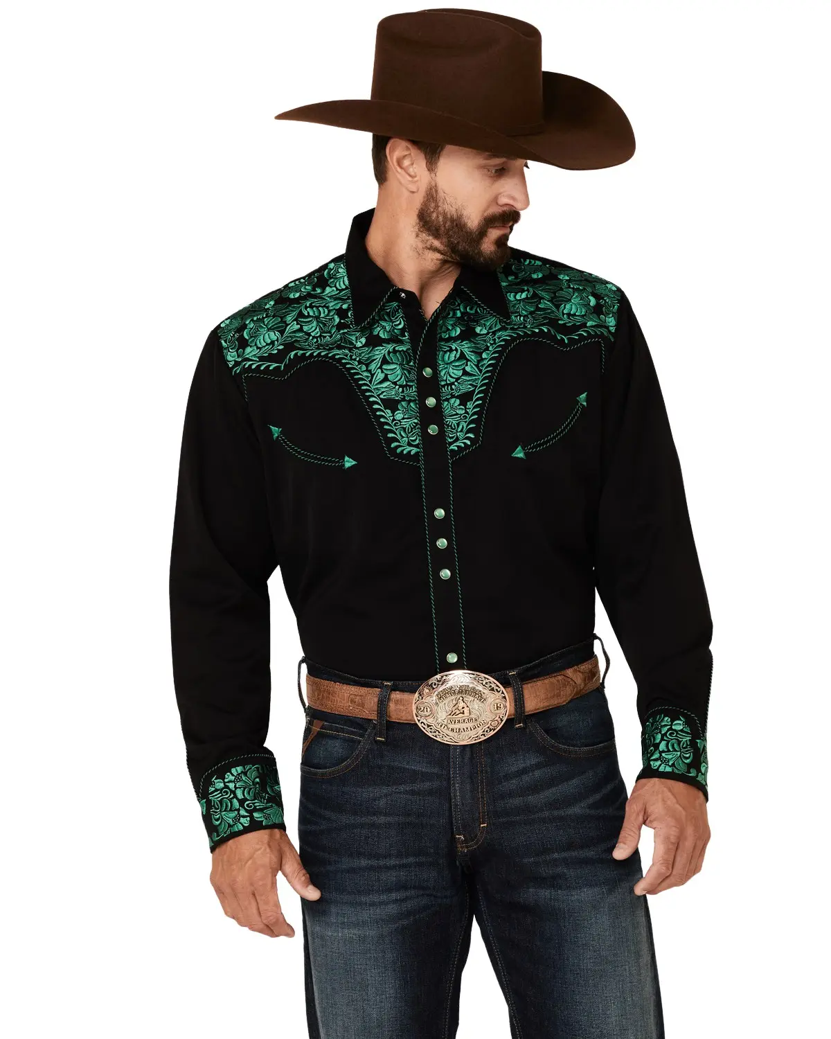 Scully Men's Men'S Embroidered Gunfighter Long Sleeve Pearl Snap Western - P-634-Emr
