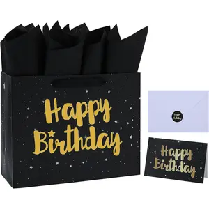 13" Large Black Gift Bag Set with Greeting Card and Tissue Papers (Stars and Gold Foil 'Happy Birthday’) for Men's or Women's Party, Boys', Girls' or Kids' Birthday Parties, Baby Boy or Girl, 13"x5.2"x10.2", 1 Pcs.