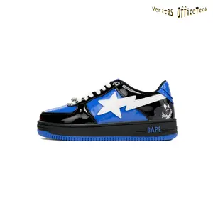 Glossy Patent Leather Black Blue Star Detail Low Top Skate Trainers Two Tone Color Block Streetwear Sneakers for All Season Daily Wear