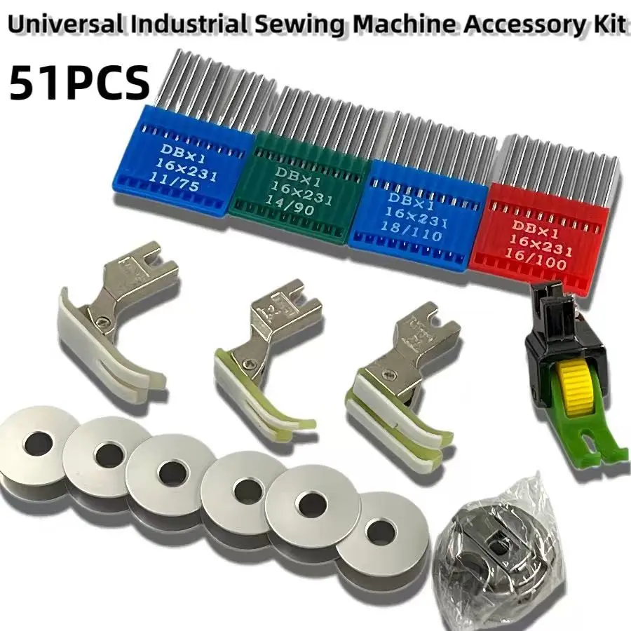 51pcs Industrial Sewing Machine Accessory Kit with Roller, Nt-18 P58n Tcr Presser Feet, 4pk Needles, 6 Bobbins, Case in Box Sewing Supplies Universal Sewing Machine Set
