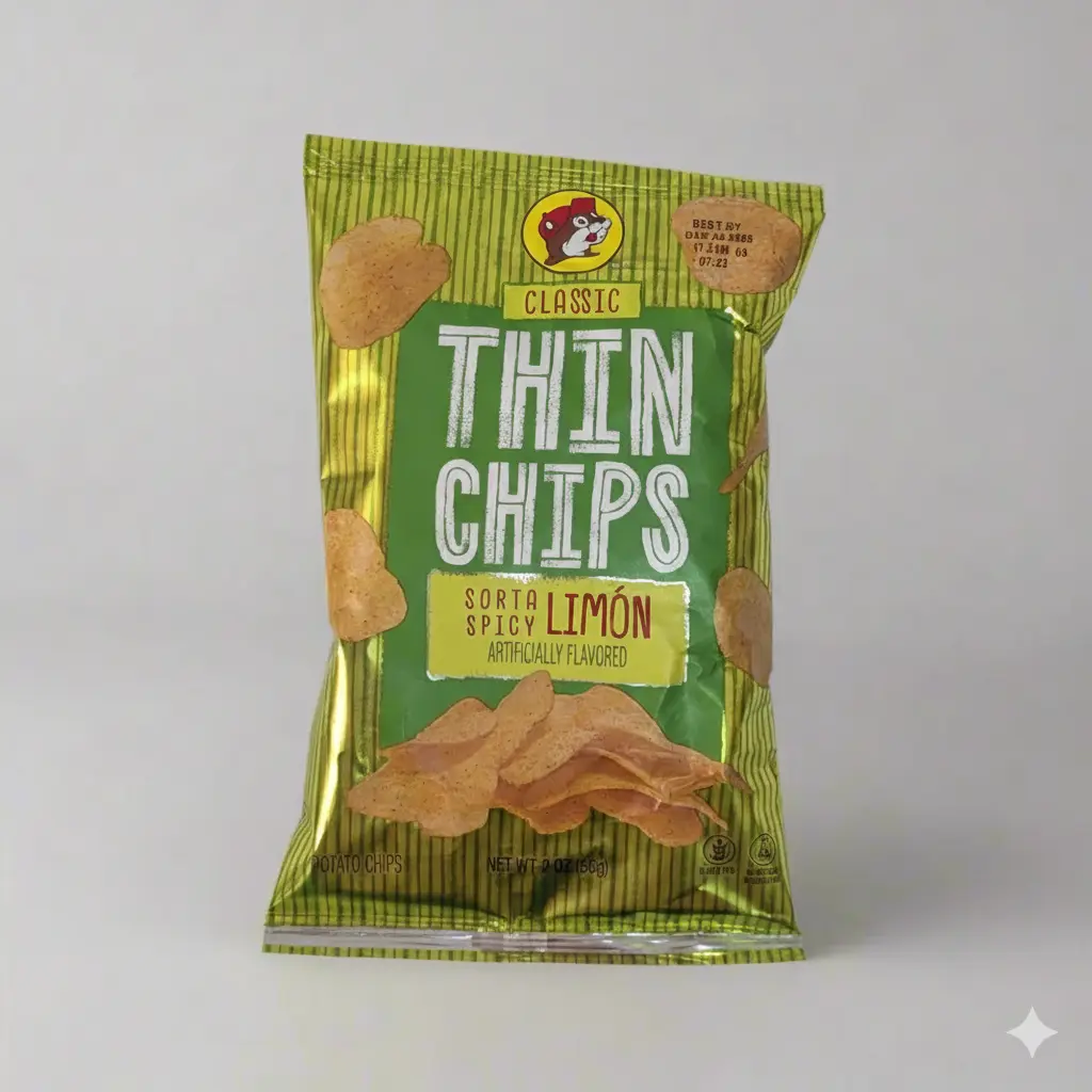 Buc-ee's Classic Thin Chips Limon - Zesty Lime Flavor, Subtle Spicy Kick, Bite-Sized Crispy Snack in Vibrant Green Bag, Protein-Packed for On-the-Go Enjoyment