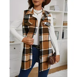 Spring and Autumn women's fitted checkered printed jacket, single button front design, sleeveless style, regular fit, suitable for all seasons, casual woven fabricRAIMENTRY