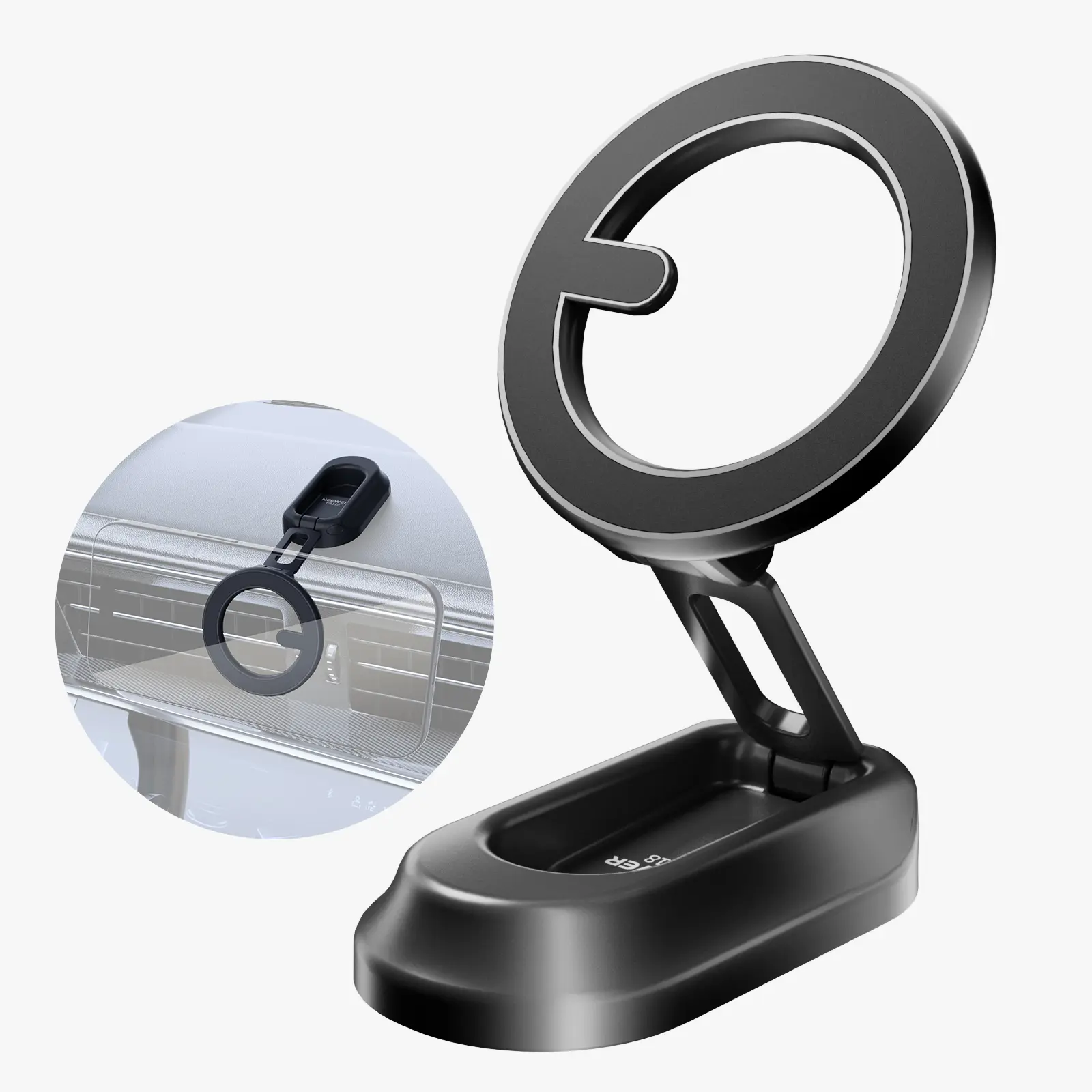 NEEWER PA118 Foldable Magnetic Car Phone Holder with Dual-Sided Magnet, Anti-Shake ABS+PC+Alloy Mount Compatible with MagSafe iPhone, Dash Windshield Stand for Content Creators, Influencers, Magsafe Compatible With Magsafe, Ventilated Ring Design