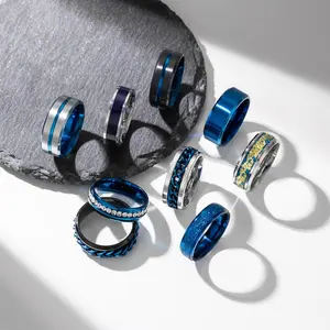 NBB7 9Pcs Stainless Steel Band Rings for Men Women Cool Fidget Spinning Chain Ring Anxiety Relief Fashion Simple Wedding Engagement Black Ring Set