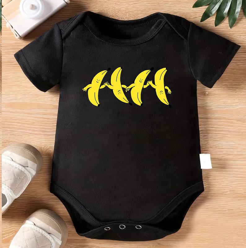 100% Cotton Baby Romper - Soft Short Sleeve Jumpsuit with Holding Hands Banana Cartoon Print, Casual Outfit Suitable for Newborns, Machine Washable Infant Clothing, Perfect for Daily Play