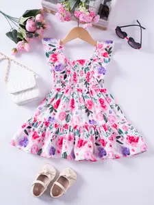 Girls' Casual Sleeveless Ruffle Floral Print Dress, Summer Beach Sun Protection, Fashion Clothing, Valentine's Day Gift, Sleeveless Tank Dress