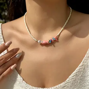 Simple Colorful Ceramic Fish Irregular Stone Beaded Necklace For Women Conch Starfish S Pendant Rice Beads Choker Jewelry