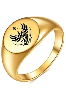 Stainless Steel Polished 12mm Round 18k Gold Laser Engraved Phoenix Ring, Elegant Jewelry for Men and Women, Unique Gift Idea
