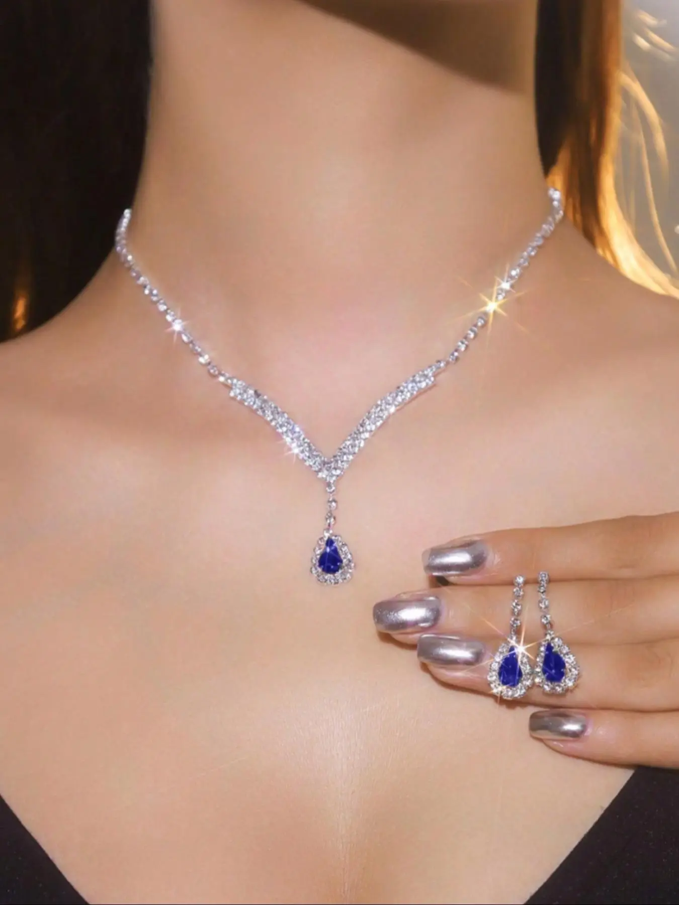 Shimmering Blue Rhinestone Drop Pendant Necklace Earrings Teardrop Matching Jewelry Set, Elegant Wedding Bridal Party Dress Accessories, Necklaces Earrings Set, Bridal Accessory, Bridal Jewelry Set for Wedding, Wedding Jewelry Sets for Brides