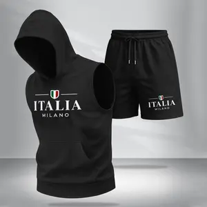 Men’s Italia Milano Graphic Sleeveless Hoodie & Shorts Set – Italian Style Letter Print Summer Two-Piece Activewear, Lightweight Breathable Casual Streetwear Outfit for Travel, Daily Wear