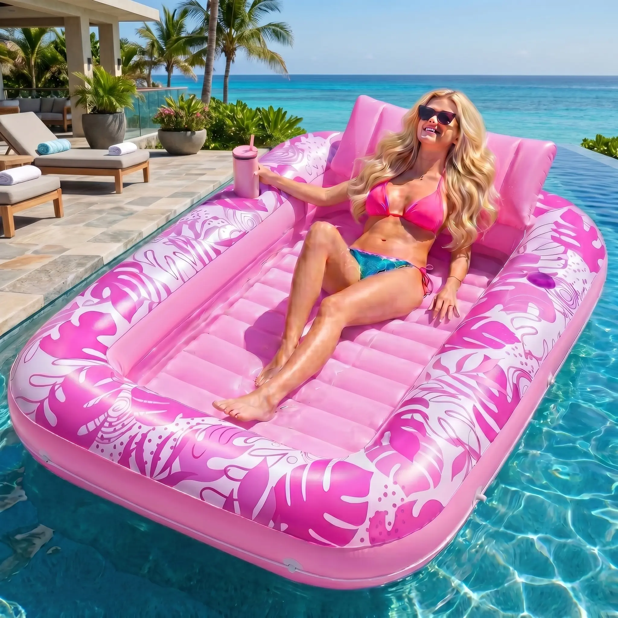 【FathersDayGift】Inflatable Tanning Pool Lounge Float, 70"x46" Large Adult Pool Float with Pillow & Cup Holder, Water Lounge Raft ,4-in-1 Blow Up Sunbathing Bed for Summer Party & Kids Ball Pit SummerVibes