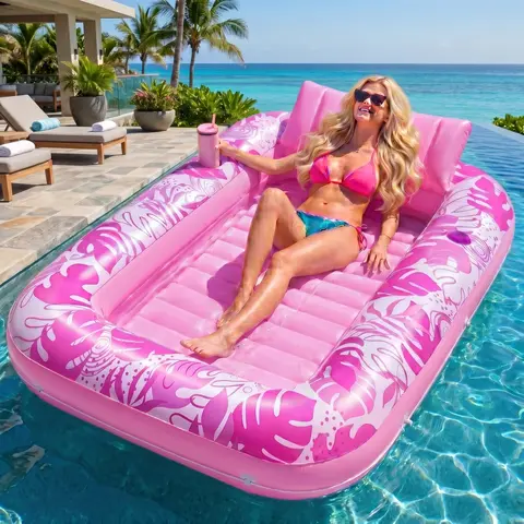 Inflatable Tanning Pool Lounger - 70"x46" Lounging Float Swimming Pool, Portable Backyard Swim Float with Pillow, 2 Drink Holders, Loop Rope, UV-Resistant PVC Material, 4-in-1 Blow-Up Sunbathing Bed (Water-Fill Compatible), Unisex Private Sun Spot