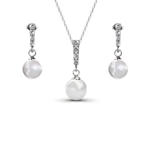 Gabrielle 18k White Gold Plated Pearl Drop Earrings and Necklace Jewelry Set with Simulated Diamond Crystals