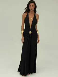 Deep V Backless Long Dress with Metal Shell Buckle Knot Design, Adjustable Back Tie, Draped Sexy Style Floor-Length Formal Party Gown