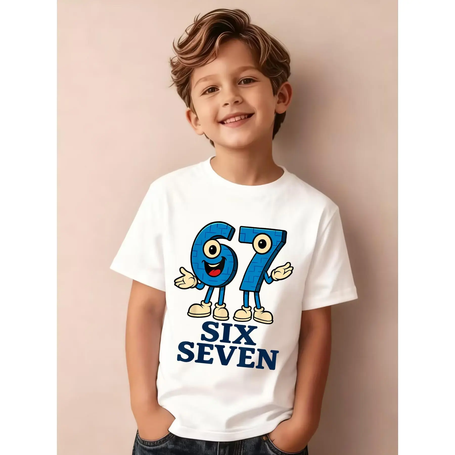 Boys' Summer Short Sleeve T-Shirt, SIX SEVEN 6 & 7 Cartoon Number Print Graphic Tee, Comfortable Round Neck Casual Top, Funny Number Learning Outfit For Kids Daily Play And Outdoor Wear