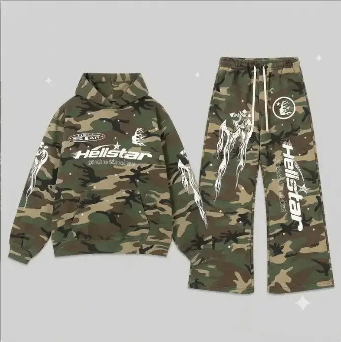 Hellstar Racer Tracksuit Vintage Camo Flame Graphic Hoodie Sweatpants Set Oversized Streetwear Jogger Set | Casual Urban Fashion | Everyday Hooded Top